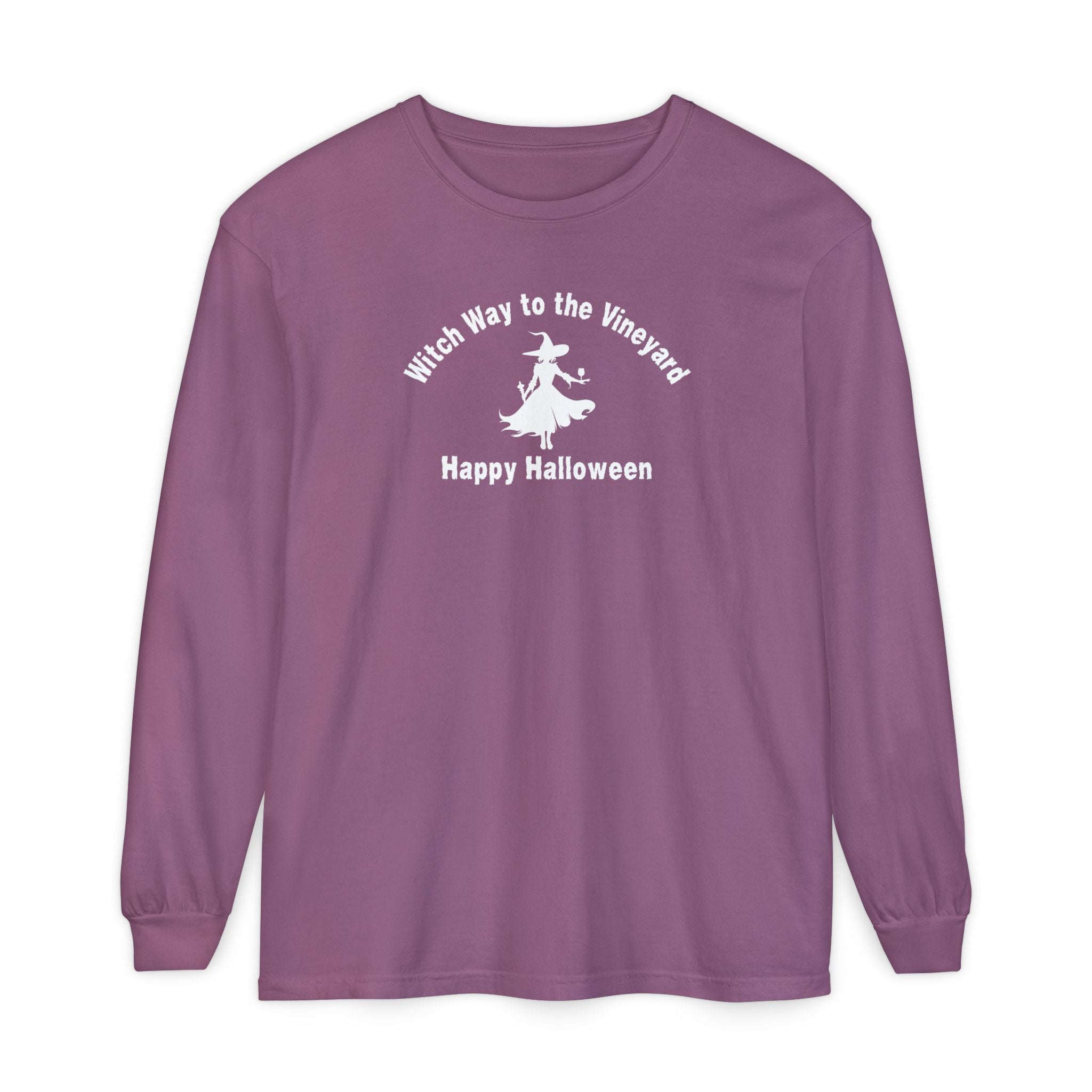 Purple long-sleeve unisex comfort color t-shirt with halloween witch graphic holding a wine glass  and text "Witch Way to the Vineyard - Happy Halloween" 
