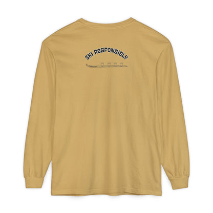 Beige long-sleeve shirt with 'Ski Responsibly' text on and shotski graphic
