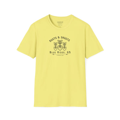 unisex adult T-shirt, Roots & Shoots, Garden shovel root leaf graphic, by 515Gear.com | Blue Ridge, GA | celebrate gardening