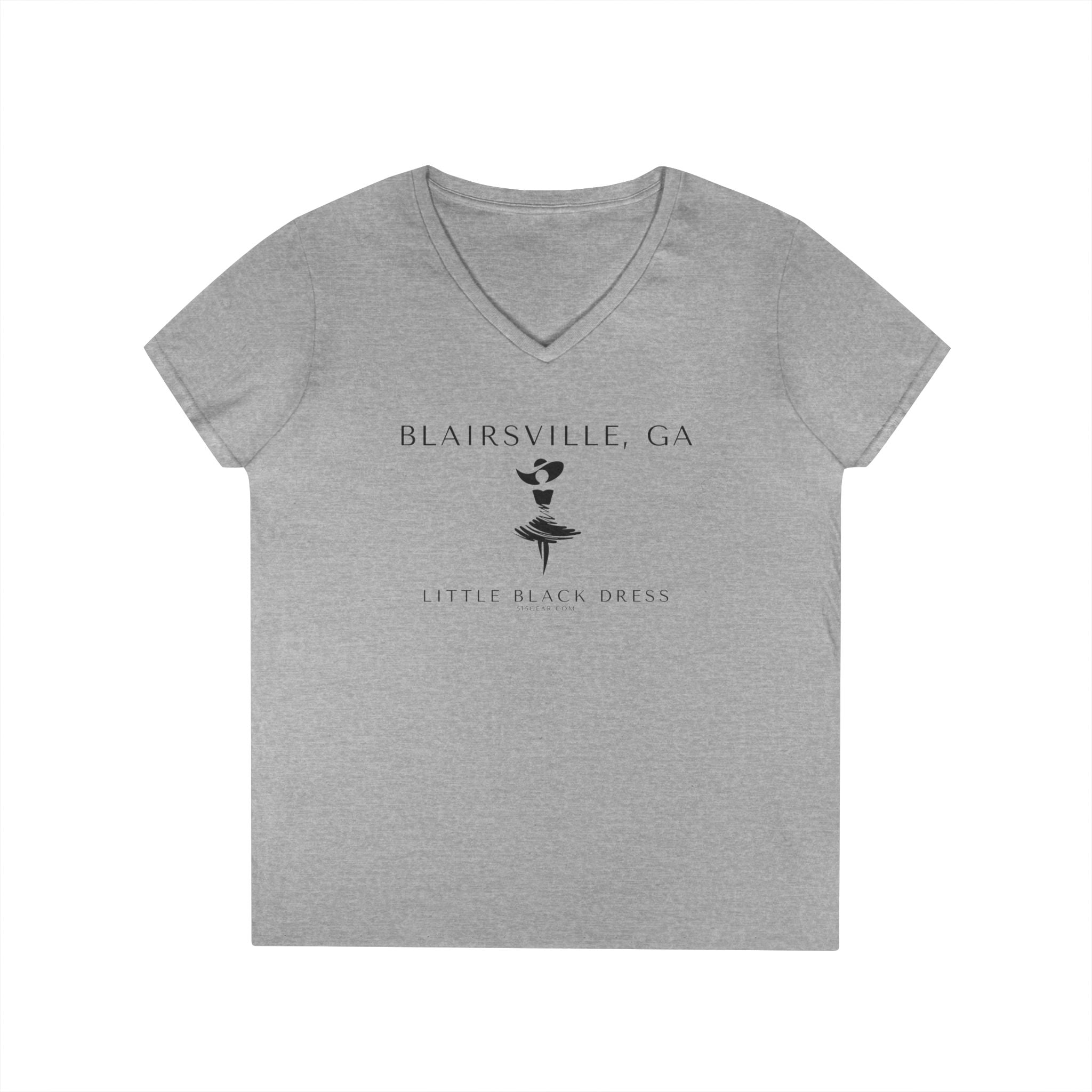 Grey v-neck t-shirt with stylish woman in a dress and fancy southern hat and text "Blairsville, GA. - Little Black Dress" 
