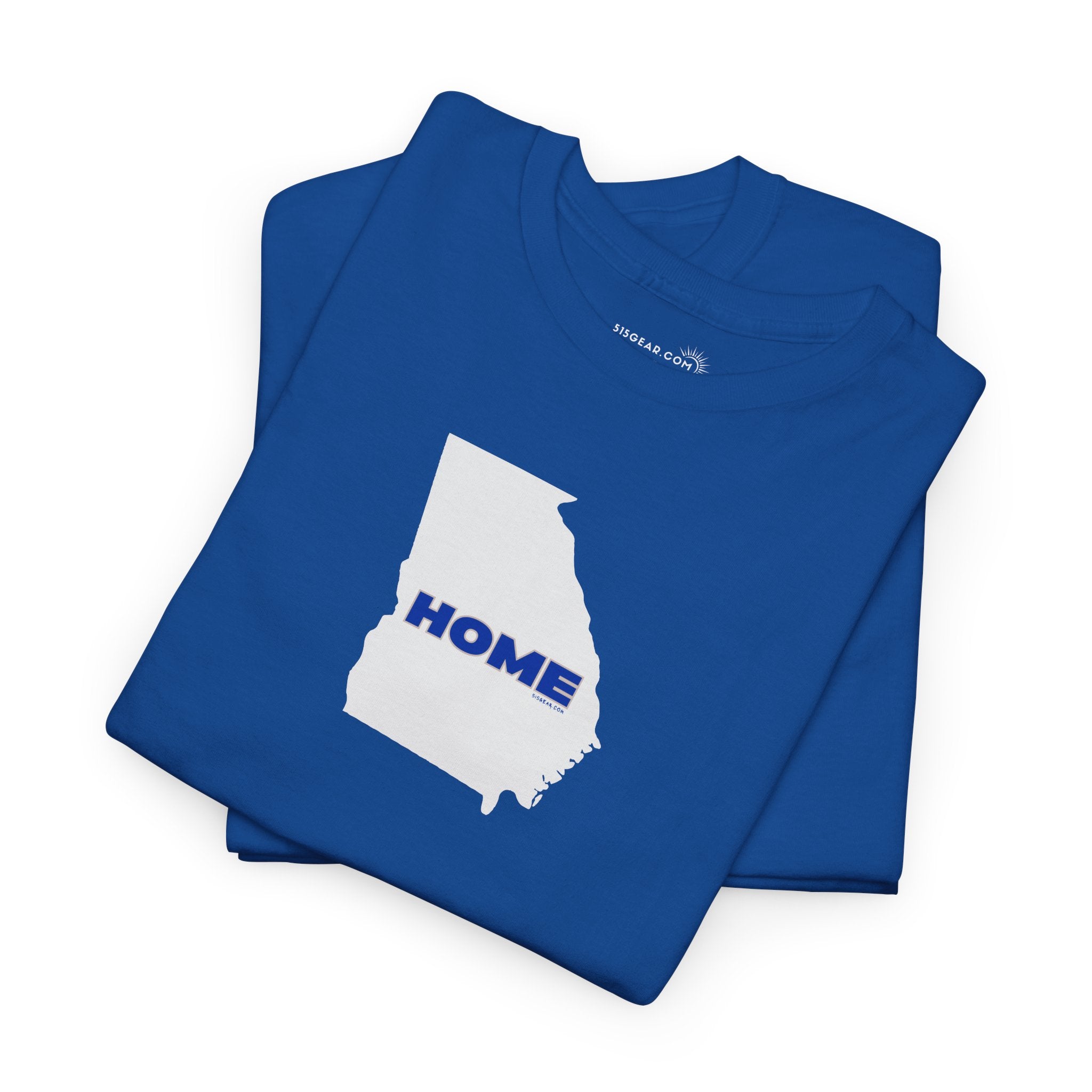 Folded blue Unisex Heavy Cotton Tee, 100% cotton with State of Georgia graphic and text "HOME" in college colors (Georgia State University)