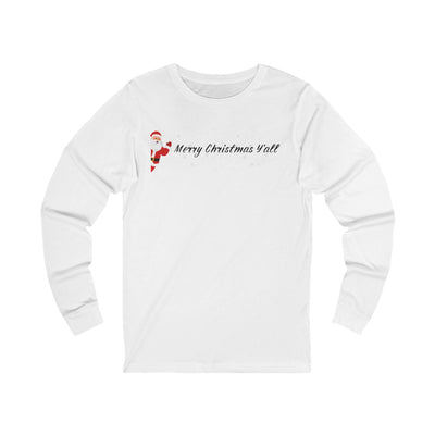 White long-sleeve shirt with Santa Claus graphic and 'Merry Christmas Y'all' text on a white background