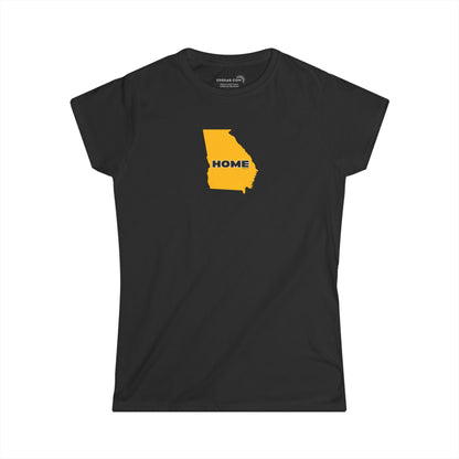 Black Women's Semi-fitted v-neck Tee with tear-away label; 100% cotton with State of Georgia graphic and text "Home" in kennesaw state university colors