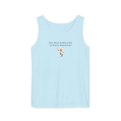 Light blue tank top with text "Our steps today echo in their tomorrows" and anthropomorphic hippy flower graphic