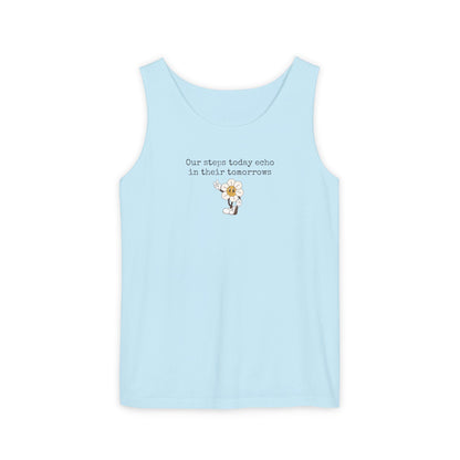 Light blue tank top with text "Our steps today echo in their tomorrows" and anthropomorphic hippy flower graphic