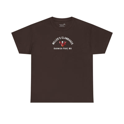 Brown t-shirt with happy lobster graphic and text 'Miller's Clambakes Harwich Port, MA'  