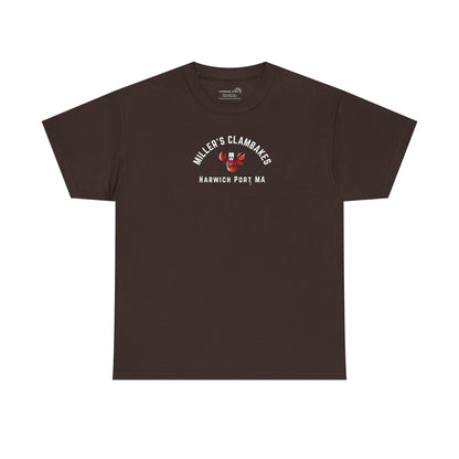 Brown t-shirt with happy lobster graphic and text 'Miller's Clambakes Harwich Port, MA'  
