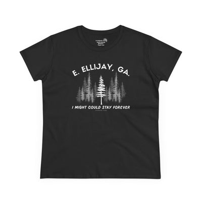 Women's semi-fitted t-shirt by 515 Gear | Ellijay, GA | 'I might could stay forever' forest graphic 