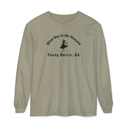 Olive long sleeve t-shirt with sassy witch graphic holding a glass of wine and text "Witch Way to the Vineyard - Young Harris  GA" by 515Gear.com