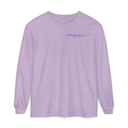Purple long-sleeve Comfort Color t-shirt with text Beech Mountain NC Vertical Drop  830 ft