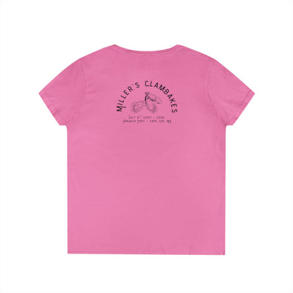Pink v-neck t-shirt with Oyster shell graphic and text Miller's Clambakes