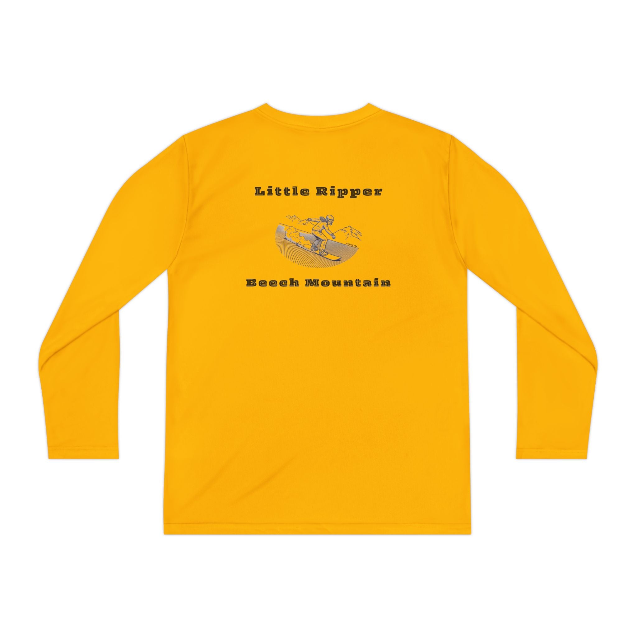 Yellow performance t-shirt text "Little Ripper – Beech Mountain... Vertical Drop 830 ft" with snowboard graphic