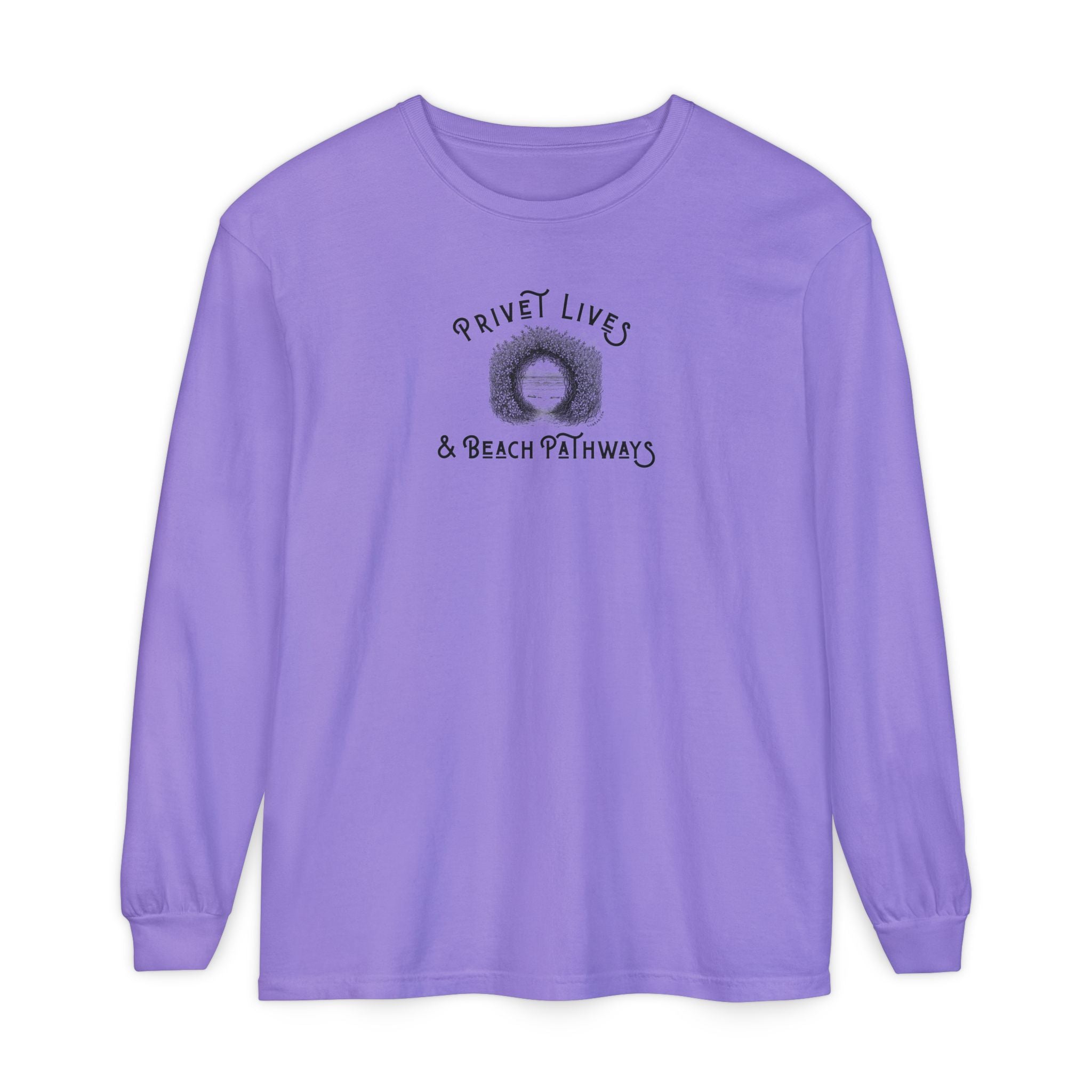 Purple unisex Comfort Colors® long‑sleeve tee with beach graphic and text "Privet Lives & Beach Pathways"
