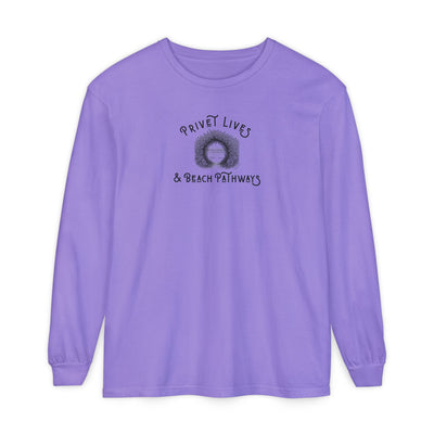 Purple unisex Comfort Colors® long‑sleeve tee with beach graphic and text "Privet Lives & Beach Pathways"