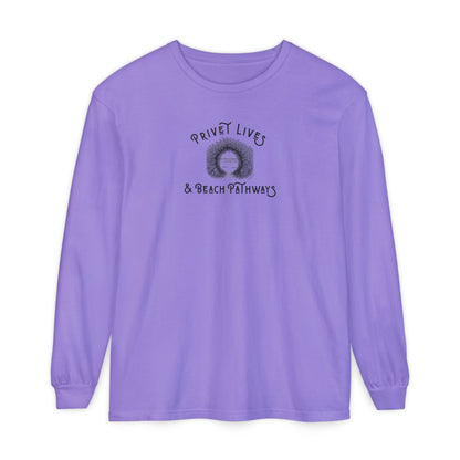 Purple unisex Comfort Colors® long‑sleeve tee with beach graphic and text "Privet Lives & Beach Pathways"
