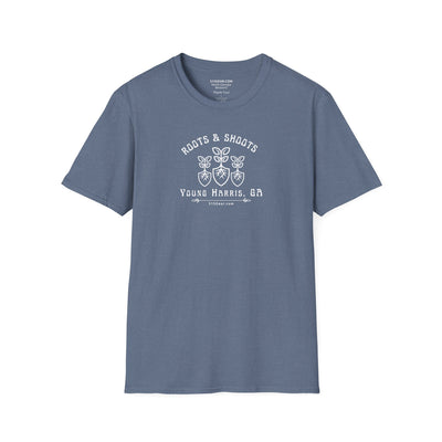 unisex adult T-shirt, Roots & Shoots, Garden shovel root leaf graphic, 515Gear.com | Young Harris, GA | celebrate gardening