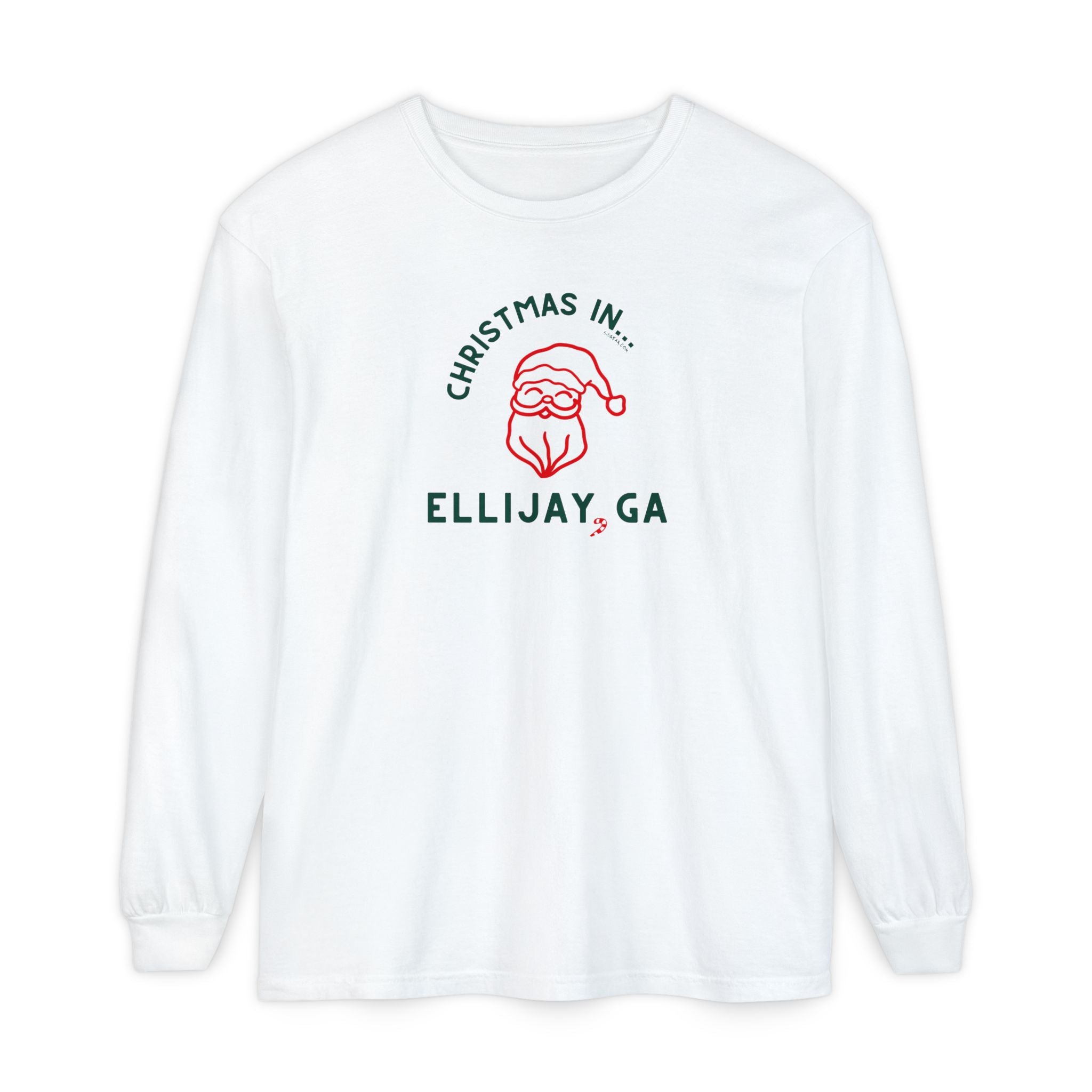 White comfort colors long-sleeve shirt with happy Santa graphic and text "Christmas in... Ellijay, GA"