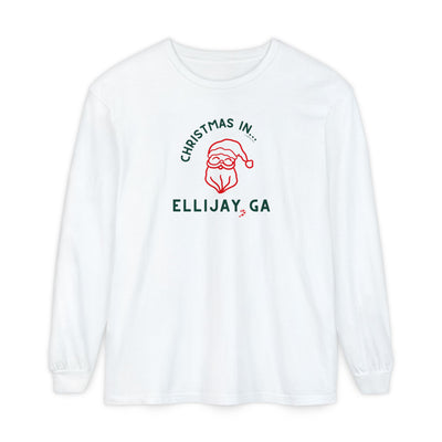 White comfort colors long-sleeve shirt with happy Santa graphic and text "Christmas in... Ellijay, GA"