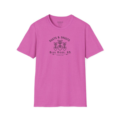 unisex adult T-shirt, Roots & Shoots, Garden shovel root leaf graphic, by 515Gear.com | Blue Ridge, GA | celebrate gardening