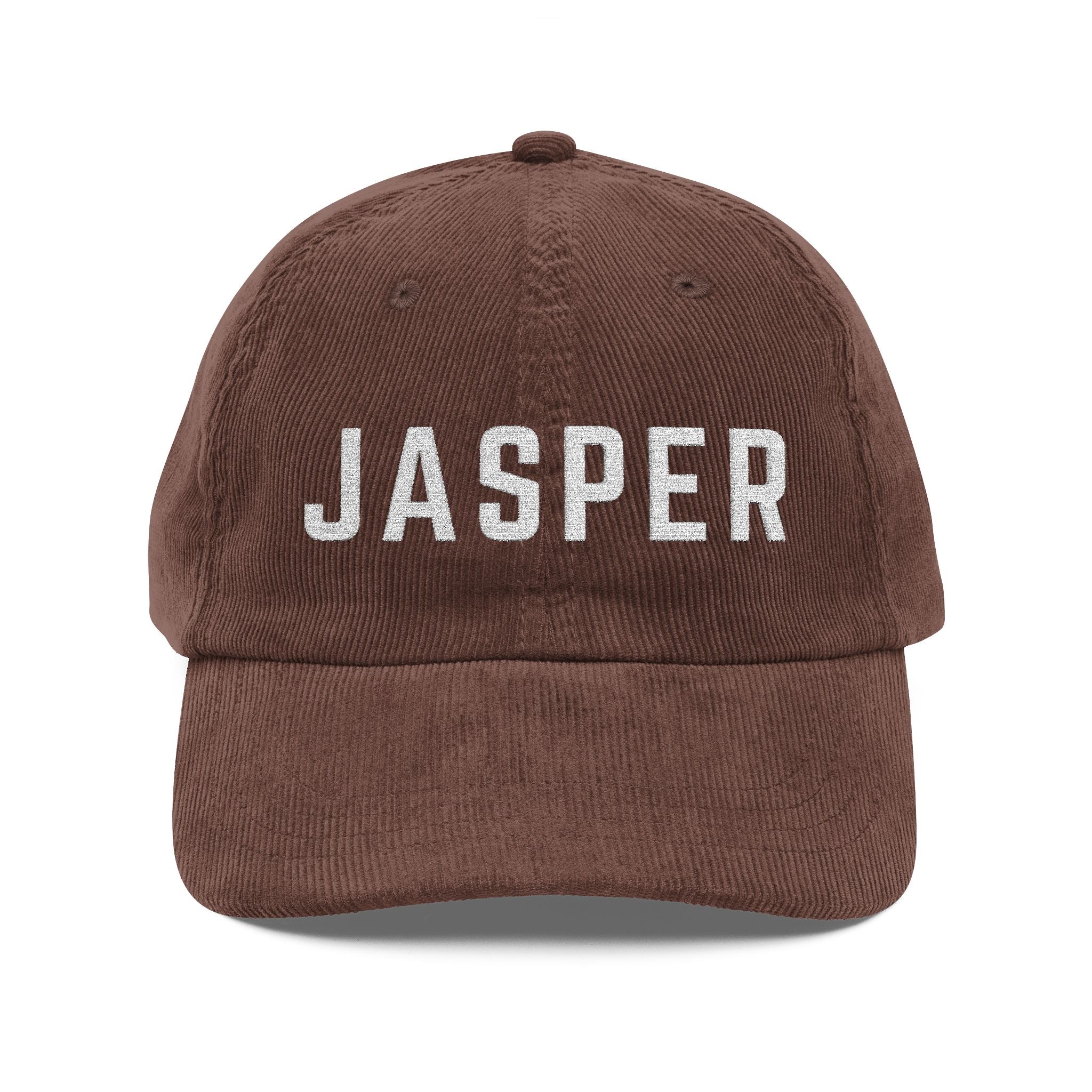 Brown corduroy hat with JASPER embroidered in white by 515Gear.com