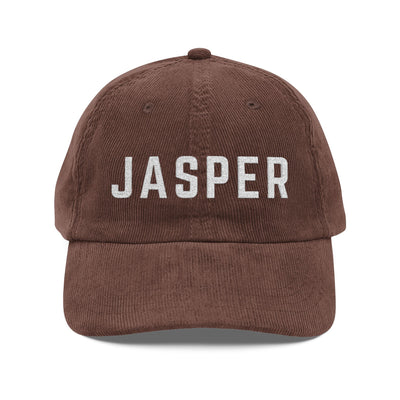 Brown corduroy hat with JASPER embroidered in white by 515Gear.com