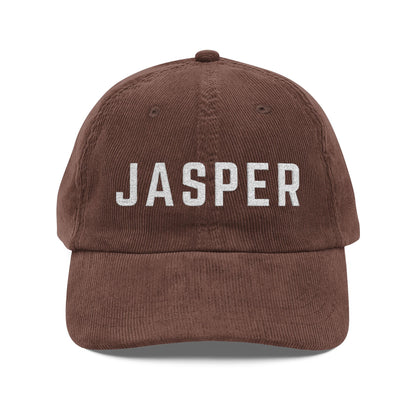 Brown corduroy hat with JASPER embroidered in white by 515Gear.com