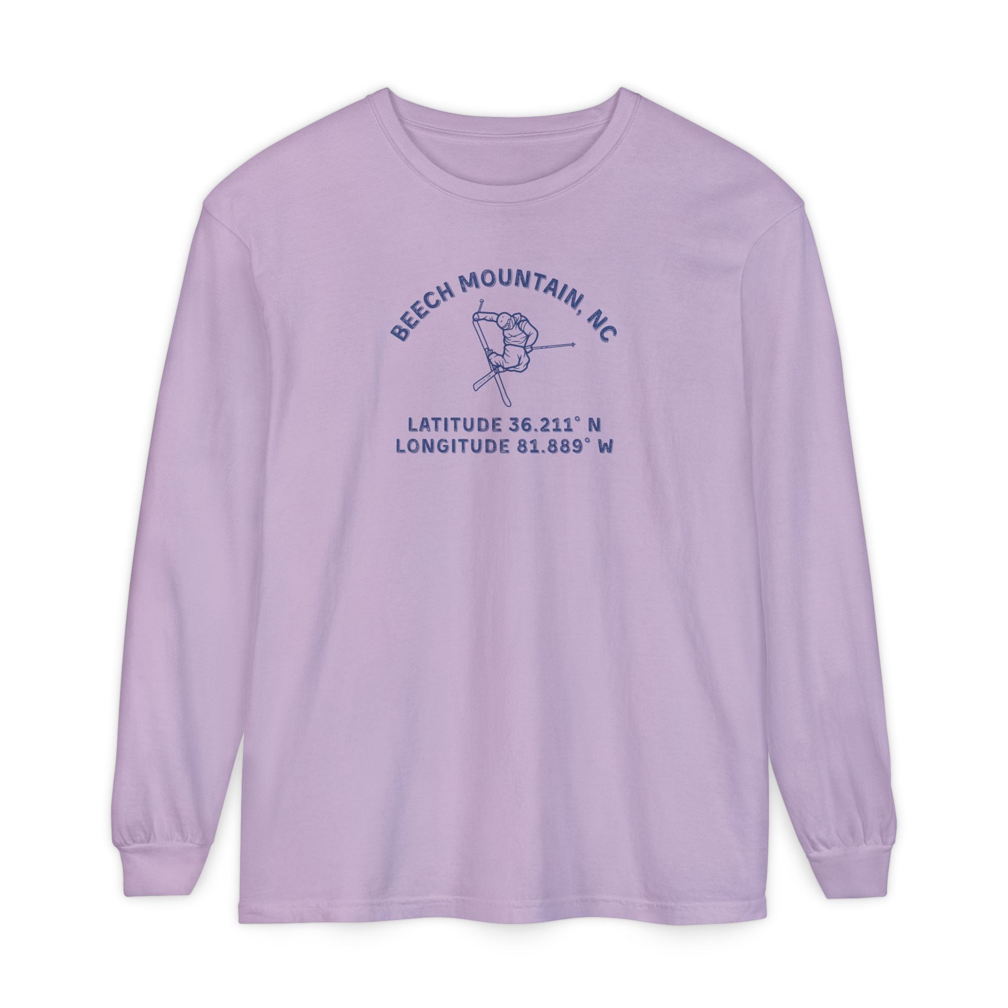 Purple long sleeve tee with skier doing an iron cross jump mid-air and text 'Beech Mountain, NC Latitude 36.211' N Longitude 81.889' W