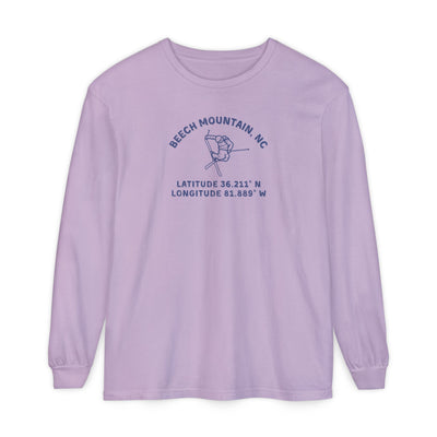 Purple long sleeve tee with skier doing an iron cross jump mid-air and text 'Beech Mountain, NC Latitude 36.211' N Longitude 81.889' W