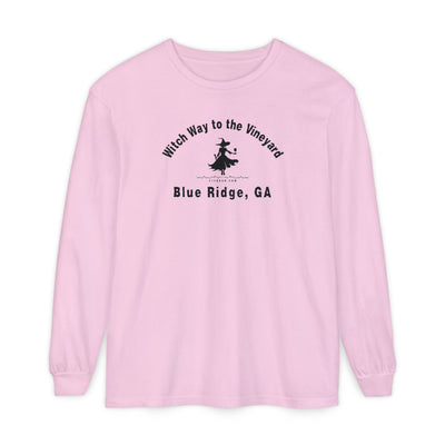 Pink long sleeve t-shirt with sassy witch graphic holding a glass of wine and text "Witch Way to the Vineyard - Blue Ridge  GA" by 515Gear.com