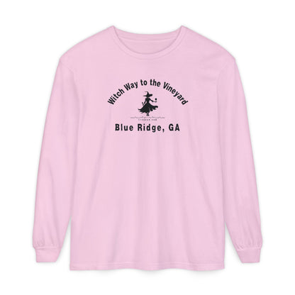 Pink long sleeve t-shirt with sassy witch graphic holding a glass of wine and text "Witch Way to the Vineyard - Blue Ridge  GA" by 515Gear.com