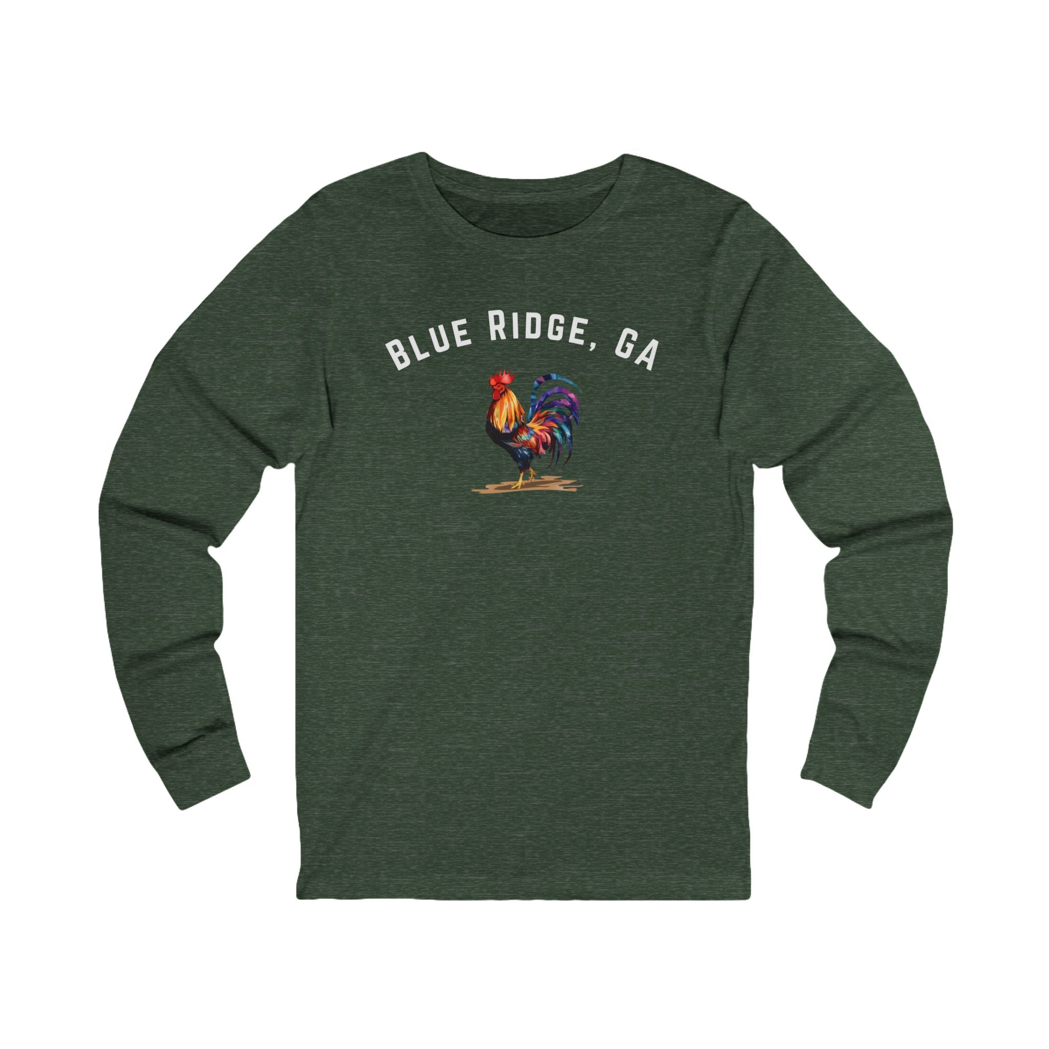 Green Heather long-sleeve shirt with 'Blue Ridge, GA' and rooster graphic on a white background