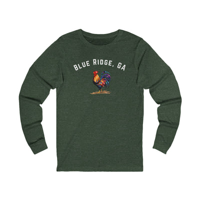 Green Heather long-sleeve shirt with 'Blue Ridge, GA' and rooster graphic on a white background