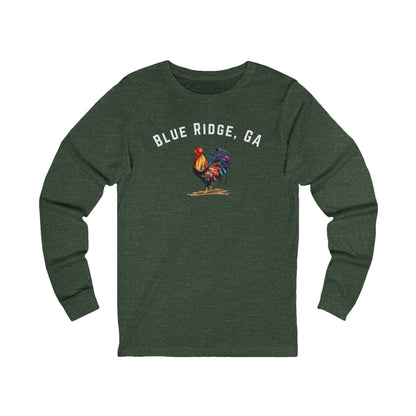 Green Heather long-sleeve shirt with 'Blue Ridge, GA' and rooster graphic on a white background