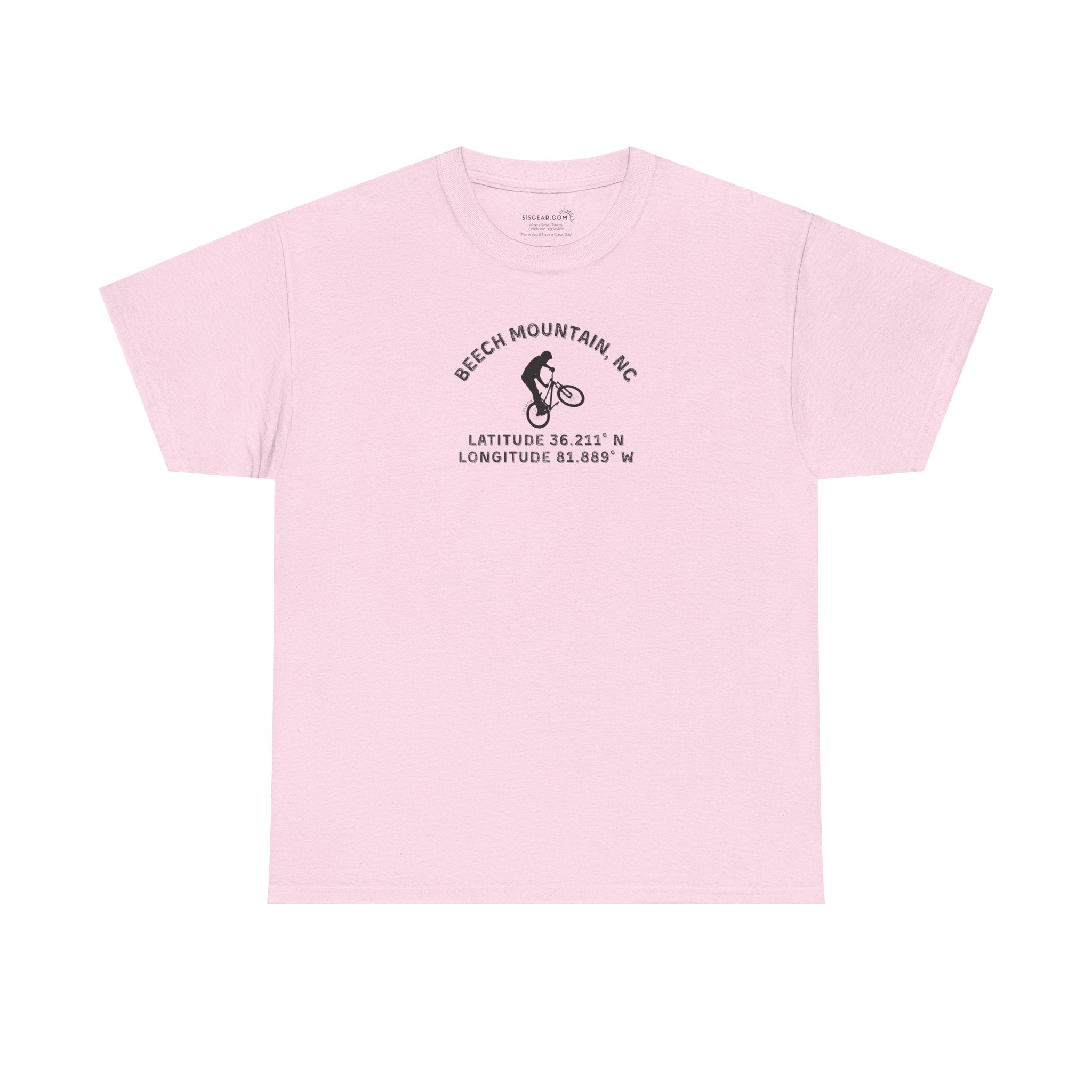 Pinkt-shirt with mountain bike graphic and text "Beech Mountain, NC" along with Latitude and Longitude" coordinates