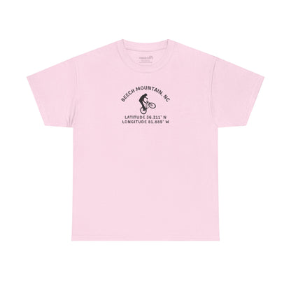 Pinkt-shirt with mountain bike graphic and text "Beech Mountain, NC" along with Latitude and Longitude" coordinates