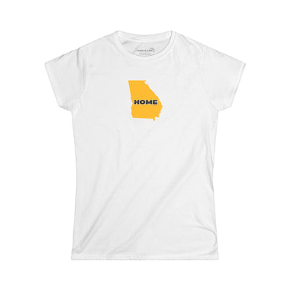 White Women's Semi-fitted v-neck Tee with tear-away label; 100% cotton with State of Georgia graphic and text "Home" in kennesaw state university colors