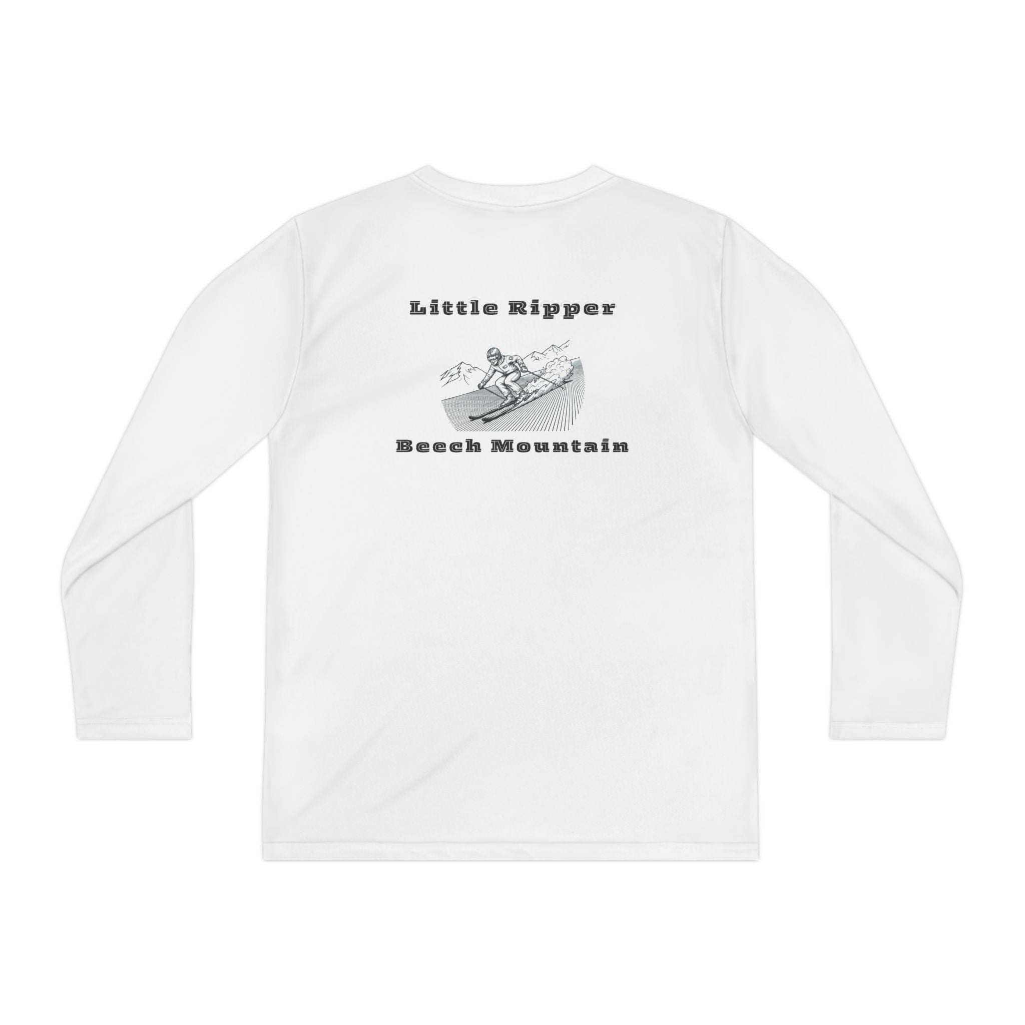 White long-sleeve performance tee with text "Little Ripper - Beech Mountain" with Skier shredding graphic on the back