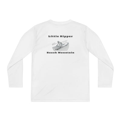 White long-sleeve performance tee with text "Little Ripper - Beech Mountain" with Skier shredding graphic on the back
