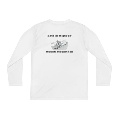 White long-sleeve performance tee with text "Little Ripper - Beech Mountain" with Skier shredding graphic on the back