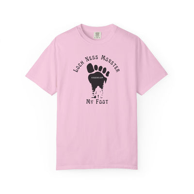 Comfort Colors pink t-shirt with black graphic of a foot with Big Foot inside and text "Loch Ness Monster My Foot" by 515Gear.com