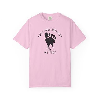 Comfort Colors pink t-shirt with black graphic of a foot with Big Foot inside and text "Loch Ness Monster My Foot" by 515Gear.com