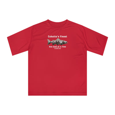 Red performance t-shirt with fishing theme graphic and text 'Cohutta's Finest One Cast at a Time'