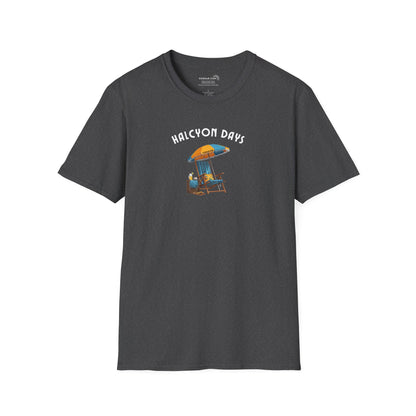 Gray unisex t-shirt with text "Halcyon Days" and beach chair with umbrella graphic