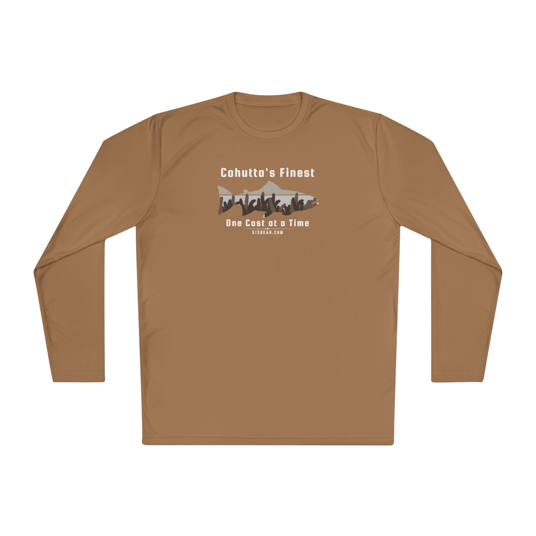 Brown long-sleeve performance moisture wicking t-shirt with fishing theme saying Cohutta's Finest One Cast at a Time by 515Gear.com