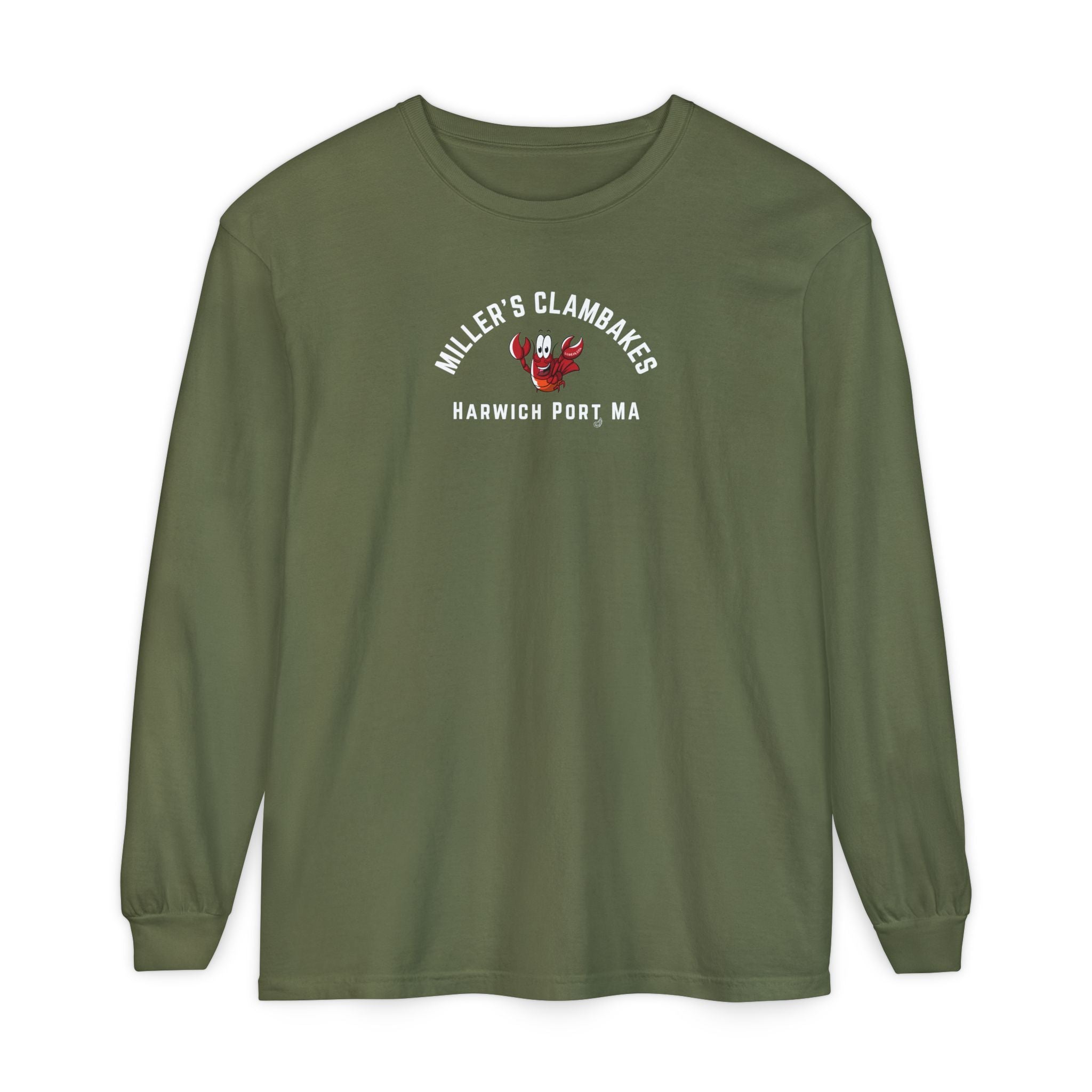Green long-sleeve shirt with a happy lobster graphic and text "Miller's Clambakes Harwich Port, MA"