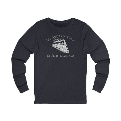 Navy long-sleeve shirt with train graphic and text "All Aboard, Y'all - Blue Ridge, GA" 