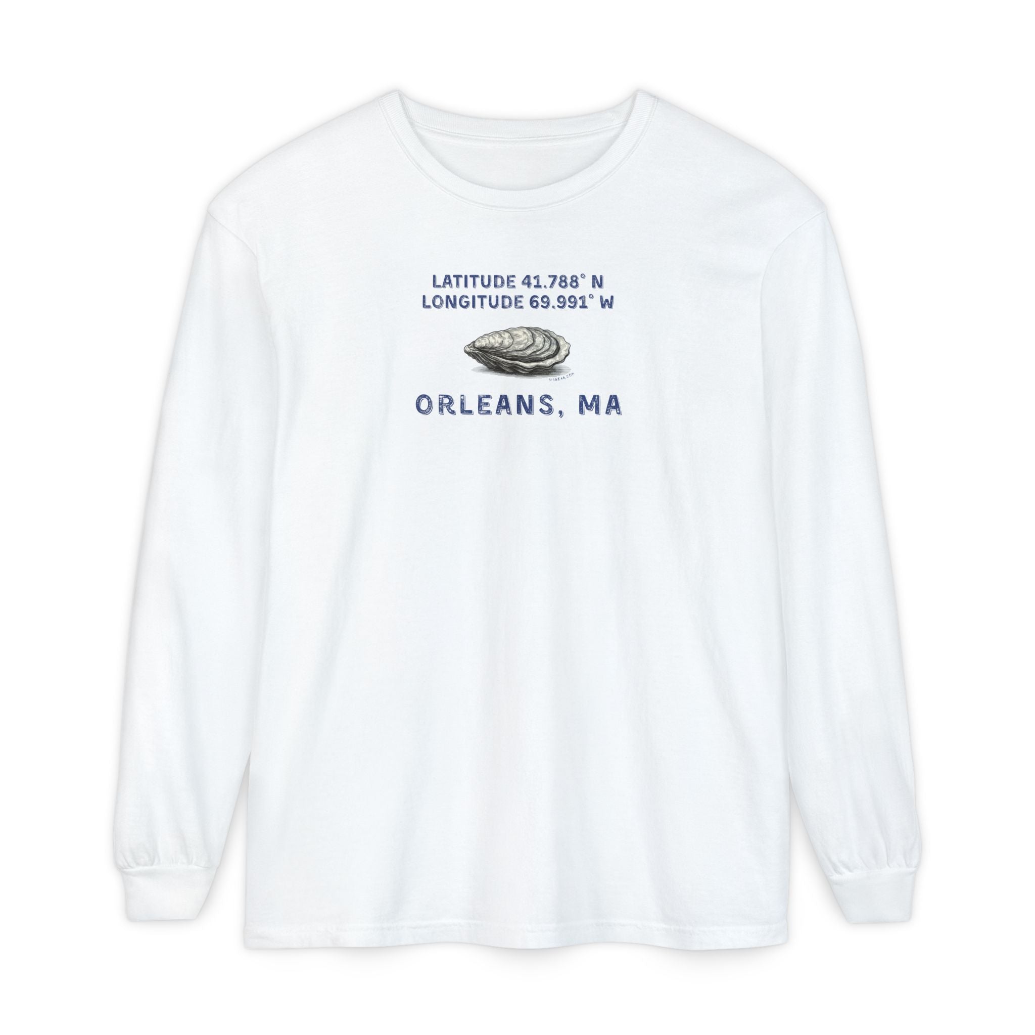 White sweatshirt with Oyster graphic and text "Latitude 41.788 N, Longitude 69.991  Orleans, MA"