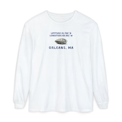 White sweatshirt with Oyster graphic and text "Latitude 41.788 N, Longitude 69.991  Orleans, MA"