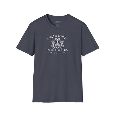 unisex adult T-shirt, Roots & Shoots, Garden shovel root leaf graphic, by 515Gear.com | Blue Ridge, GA | celebrate gardening