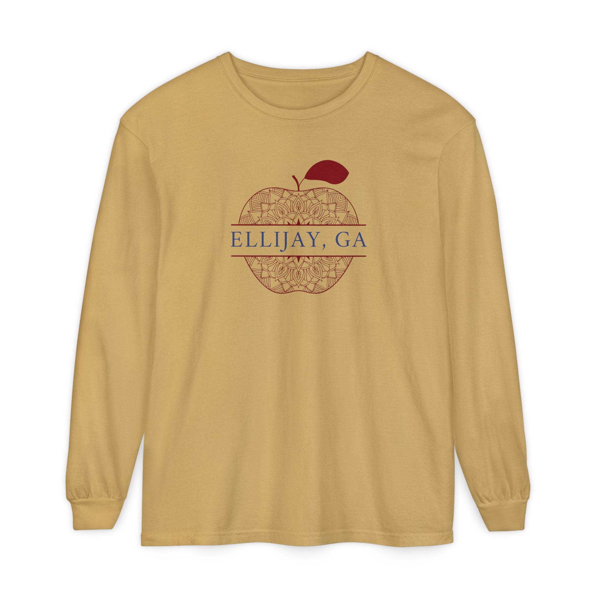 Mustard Comfort Color long sleeve t-shirt with a red apple design and 'Eliijay, GA' text 